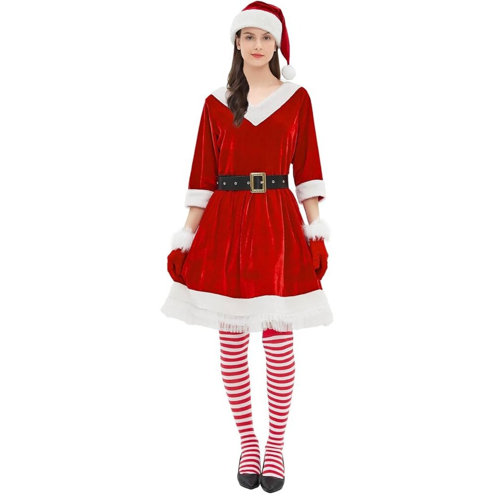 5PCS Mrs Claus Costume for Women Christmas Outfit Hat Gloves Belt Stockings